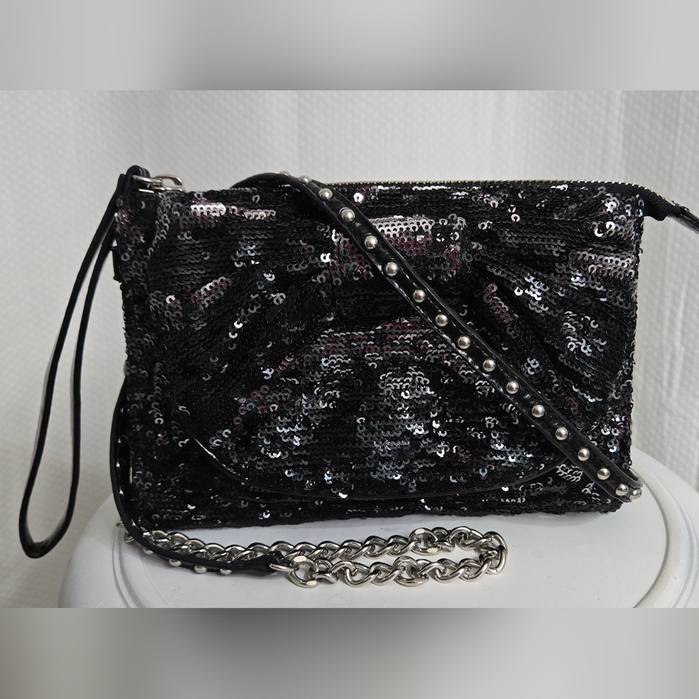 Betsey Johnson Black Sequin Clutch with Silver Chain